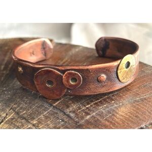 Artisan Recycled Copper & Brass Cuff Bracelet w/ Modernist Disk/Circle Design